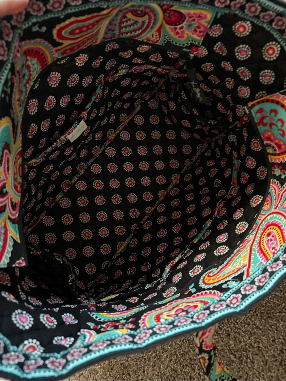 Vera Bradley XL Carry On Paisley Tote Bag in Black with Pink & Teal Accents - Picture 6 of 8